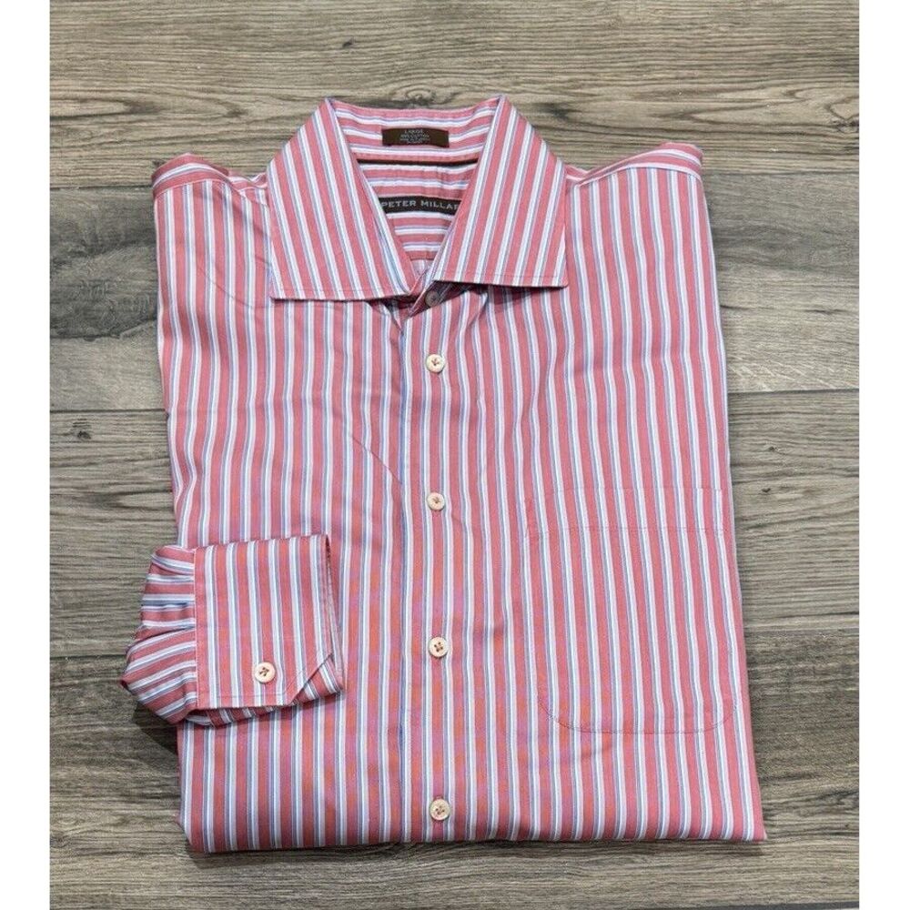 Peter Millar Shirt Mens Large Pink Blue Striped‎ L/S Button Up Cotton